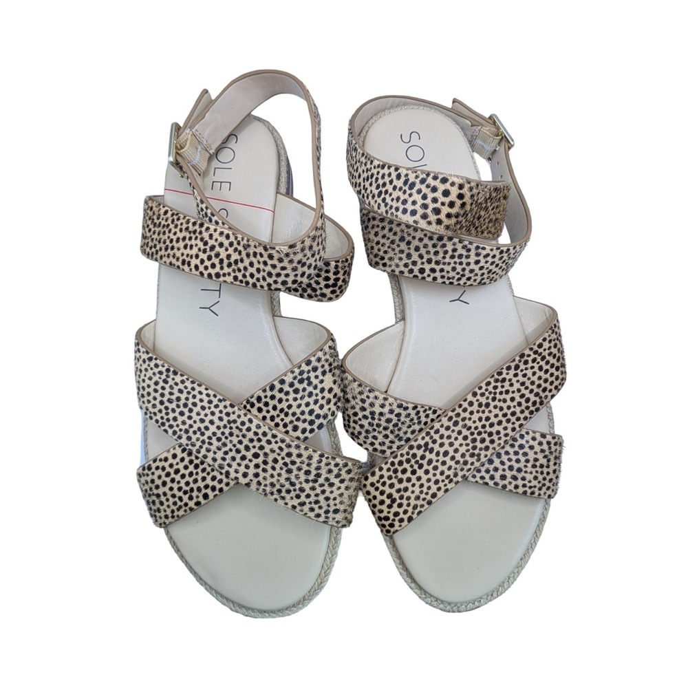 Sole Society Womens 9M Spotted Calf Hair Sandals Ankle Strap Espadrille Flats